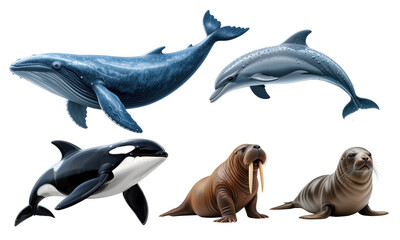 Fototapeta premium Collection of marine mammal isolated at transparent background.