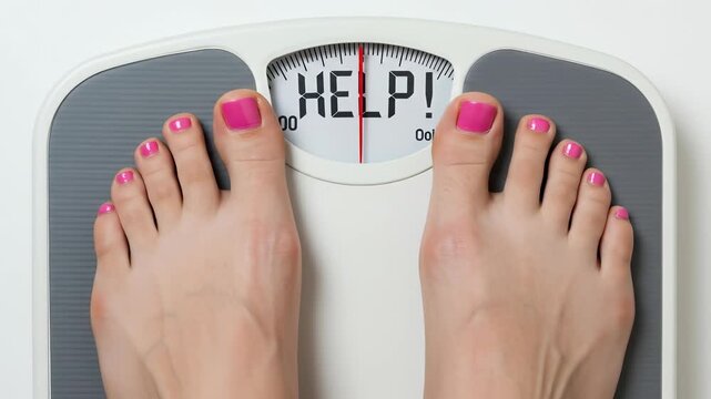 Woman's feet on a scale displaying the word "HELP!" indicating weight struggle and the need for diet and exercise