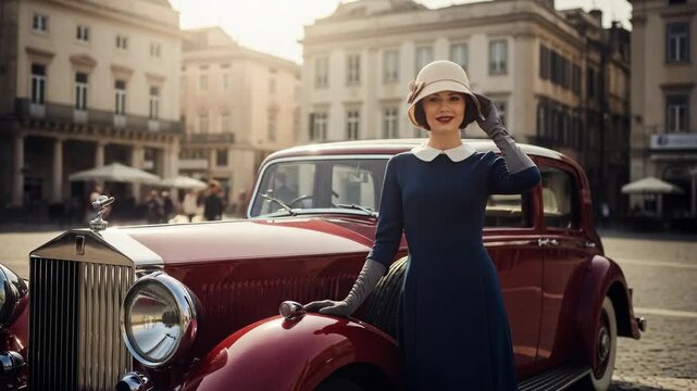 Vintage woman standing by classic car in urban square. This Vintage woman dressed in classic dress, hat and gloves epitomizes timeless style with classic car, reflecting elegance and sophistication.