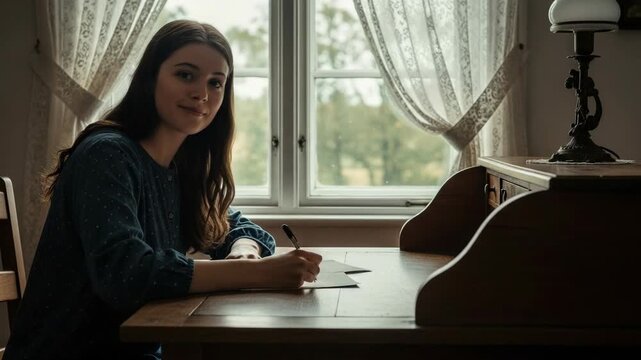 Young woman writing at desk, portrait of girl with pen in hand composing letter by window. Young woman writing captures quiet concentration and personal expression,