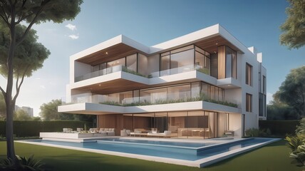 Fototapeta premium Modern luxury home with a pool and large windows surrounded by lush greenery on a sunny day