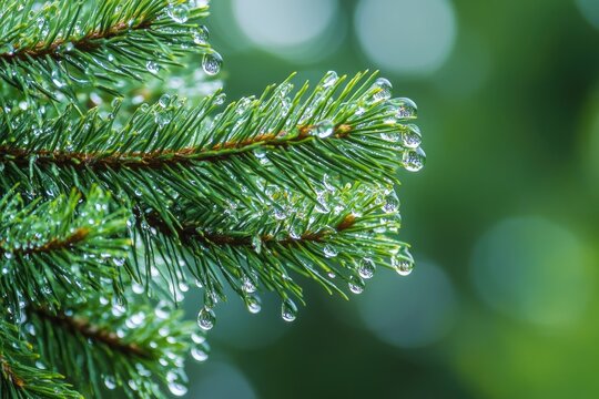 Close-up of pine needles covered in raindrops - Powered by Adobe