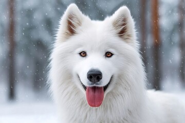 Obraz premium Samoyed dog enjoying snowfall in winter wonderland