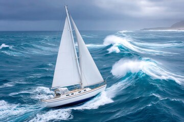 Naklejka premium Sailing boat braving the waves of a stormy sea near the coast