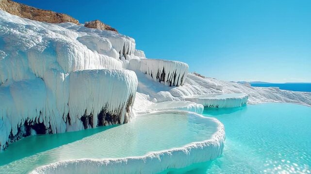 Pamukkale showcases its unique travertine terraces filled with mineral-rich thermal waters. Visitors can admire the beauty and relax in these natural pools under a bright sky