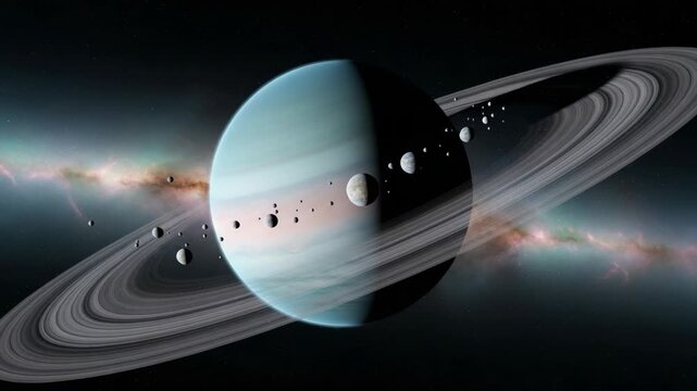 Uranus planet rendered with its iconic ring system and orbiting moons in deep space. Uranus planet is seen against backdrop of distant galaxies, showcasing planetary magnificence.