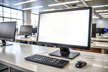 Fototapeta premium Modern computer workstation with blank screen in a bright office environment