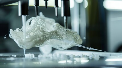 Closeup of bioprinted artificial skin structure in a sterile lab showing smart biomedical mesh, robotics, and medical innovation in healthcare technology.