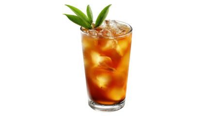 Tall glass of refreshing beverage garnished with a green leaf, thirstquenching delight.