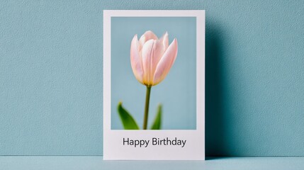 Pink Tulip with 'Happy Birthday' Greeting Card on Light Blue Background