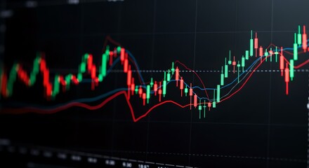 Close-up of a digital stock market chart with glowing green and red candlesticks and line graphs showing financial data and trends on a dark screen.