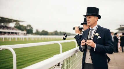Royal ascot races featuring elegant men in formal wear with binoculars watching horse race. Royal ascot races attendees and crowd anticipate sporting event, all dressed up for race day.