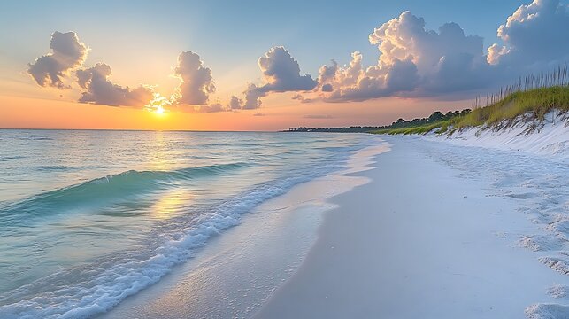 Serene sunset over a pristine beach. - Powered by Adobe