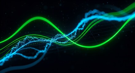 Abstract visualization of data flow with glowing green and blue lines and connected points on a dark background, representing technology, information, or science.