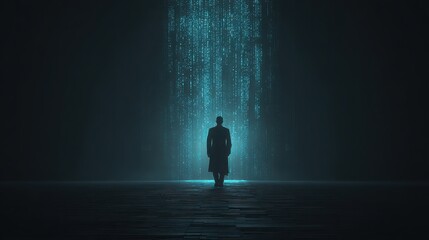 Obraz premium Silhouette Man Standing Under Digital Rain, Data Stream, Dark Background