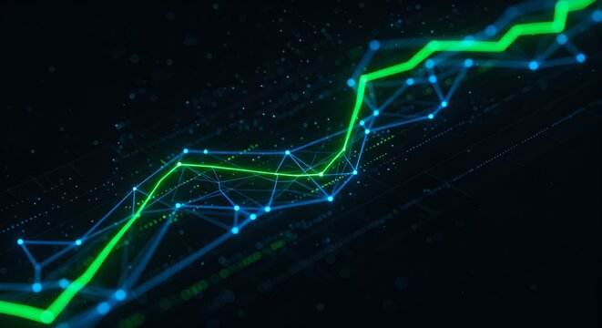 Abstract digital graph with a glowing green upward trend line and interconnected blue nodes, symbolizing data analysis, growth, and technological advancement.
