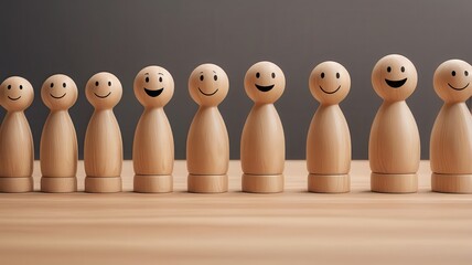 A row of wooden figures with happy faces on a light brown surface against a dark gray background