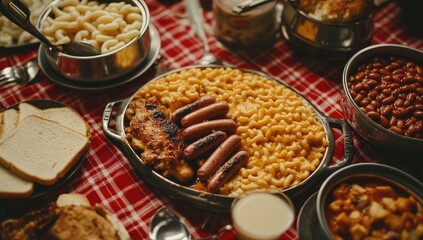 A rustic picnic spread of macaroni and cheese, chicken, sausages, bread, and beans