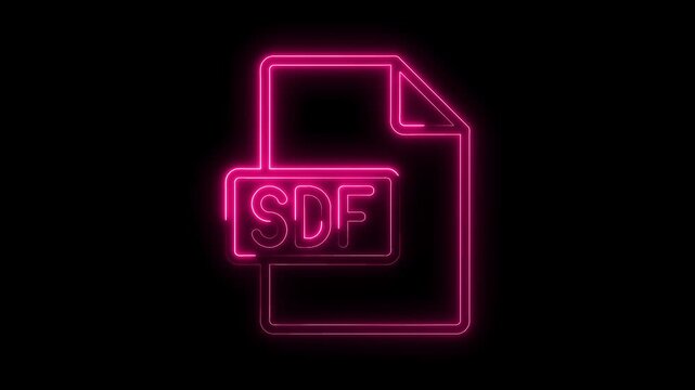 Glowing pink neon S D F file icon on black background futuristic digital document symbol bright luminous