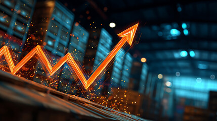 Warehouse Prosperity: A glowing upward arrow symbolizes growth and progress within a bustling warehouse. representing the upward trend in business.