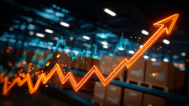 Warehouse Growth Visualization: A dynamic illustration depicts rising business performance with an ascending arrow against the backdrop of a bustling warehouse, symbolizing progress and expansion.