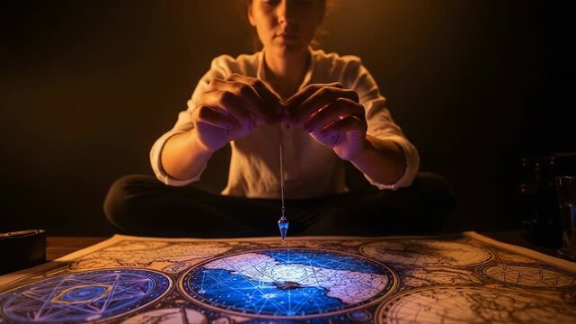Pendulum dowsing with a divining pendulum above map. Divining pendulum is held by woman with focused gaze, sitting in dim lighting, using tools for alternative therapy.