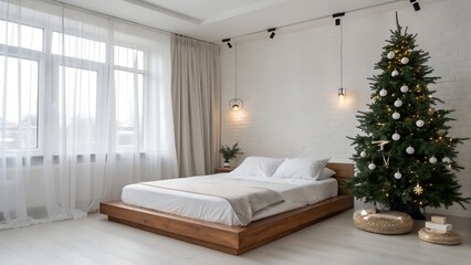 Minimalist White Bedroom with Floating Bed and Wooden Christmas Tree