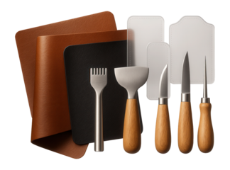 Leather crafting kits with pieces of leather, tools, and patterns for making personal items in a home workshop.