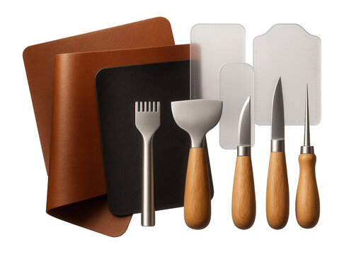 Leather crafting kits with pieces of leather, tools, and patterns for making personal items in a home workshop.