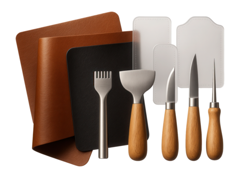 Leather crafting kits with pieces of leather, tools, and patterns for making personal items in a home workshop.