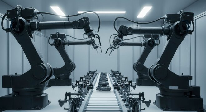 Automated robotic arms on a production line assembling components in a clean, modern factory