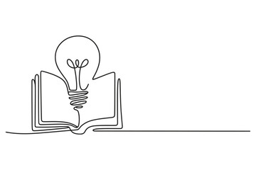 Lightbulb and book in one line art style, continuous line vector illustration with editable stroke