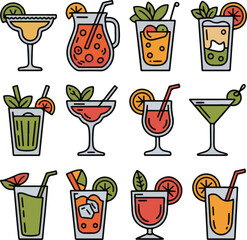 Minimal Cocktail Bar Outline Icon Pack  Summer Drinks and Mixology Essentials