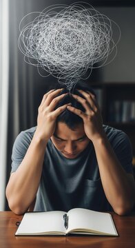 Stressed Student with Brain Fog Trying to Study for Exam