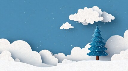 Serene winter landscape featuring a single pine tree standing tall on a vast snowfield with open blank space on the right, perfect for holiday greetings, seasonal cards, and festive backgrounds.