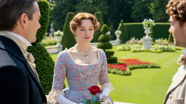 Woman holding red rose in garden, beautiful rose in hand while dressed in period clothing in green garden. She receives rose, an elegant and vintage gesture.