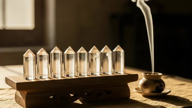 Healing crystals display features clear quartz towers on wooden stand. Healing crystals create an atmosphere of calm and spirituality, perfect for meditation spaces and mindfulness practices.