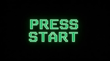 Press start in glowing green pixel letters against black backdrop, waiting for game play. Press start, neon text suggests a retro arcade game or console. - Powered by Adobe