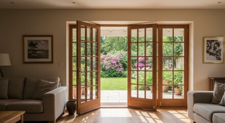 Sunlight streams through French doors to a garden filled with vibrant flowers