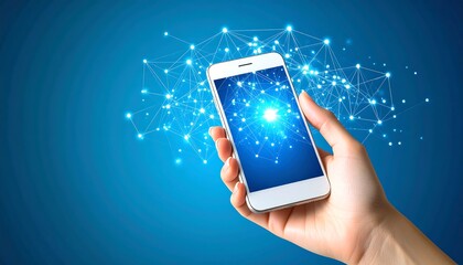 Hand holding a smartphone with a network graphic overlay