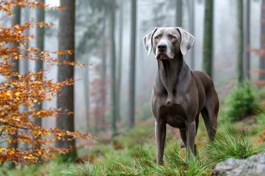 Weimaraner dog standing in misty autumn forest