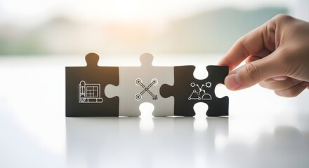 Business connection concept with a hand placing a puzzle piece to link infrastructure, operations, and people for a complete strategic solution