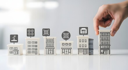 Business growth and expansion concept with a hand building a corporate empire by adding a new branch office to a row of buildings