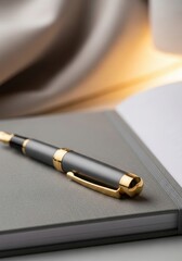 Fototapeta premium Elegant fountain pen resting on a notebook with soft bokeh background