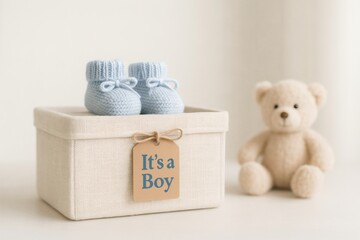 Knitted baby booties in a box with tag "It's a Boy" and teddy bear  
