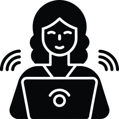 Black silhouette of a person with wavy hair using a laptop with wifi signal black and white computer