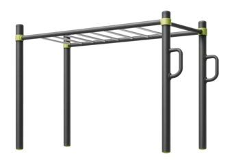 Outdoor fitness rig with monkey bars and pull-up stations for community parks