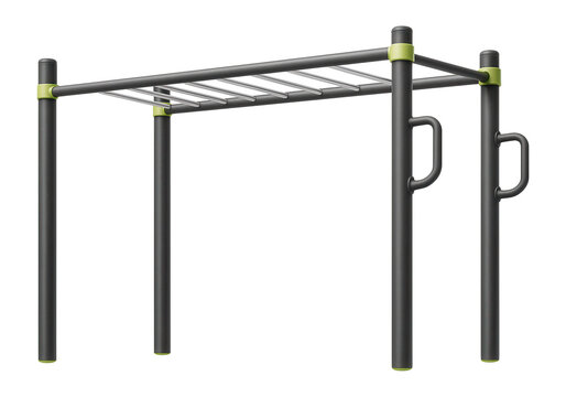 Outdoor fitness rig with monkey bars and pull-up stations for community parks