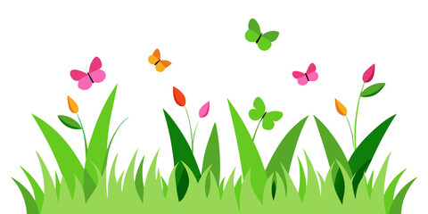 Vibrant green grass with pink orange butterflies and floral buds image