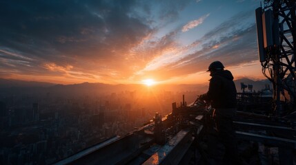 Technician on Rooftop with 5G Base Station at Sunset Horizon